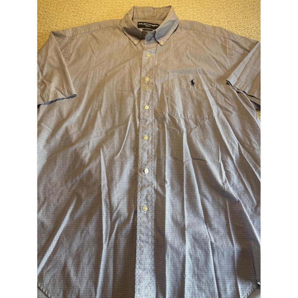 Ralph Lauren Golf Tilden Shirt Blue White Check Short Sleeve Cotton Large Mens L